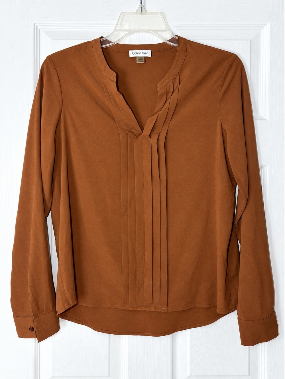 Calvin Klein Women's Blouse Medium Rust Brown Long Sleeve Pleated V Neck Top